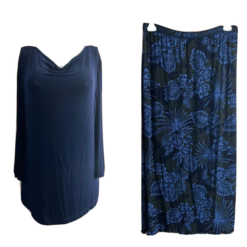 Citiknits Women's Navy Sz L Floral 3/4 slv 2 pc Set Blouse & Skirt slinky